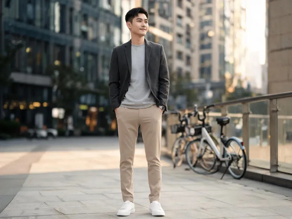 Mężczyzna w luźnym, eleganckim stylu: chinosy, T‑shirt, marynarka i sneakersy, swobodna poza na miejskim chodniku.