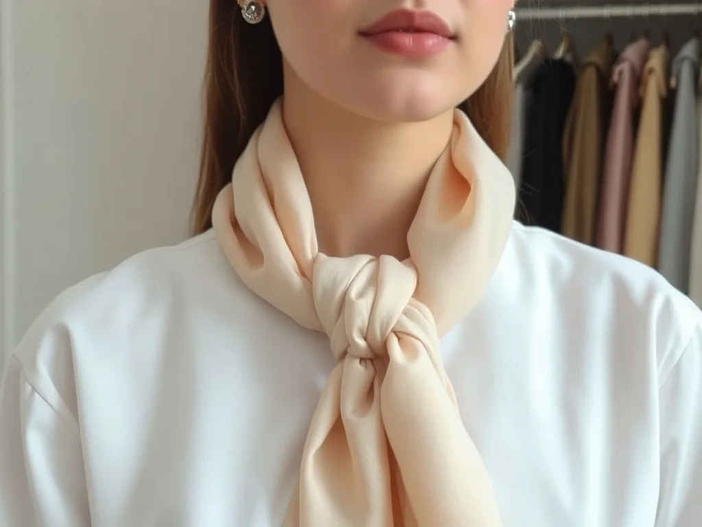 Kobieta w białej bluzce wiąże na szyi pastelową, jedwabną apaszkę w prosty, elegancki węzeł z przodu.