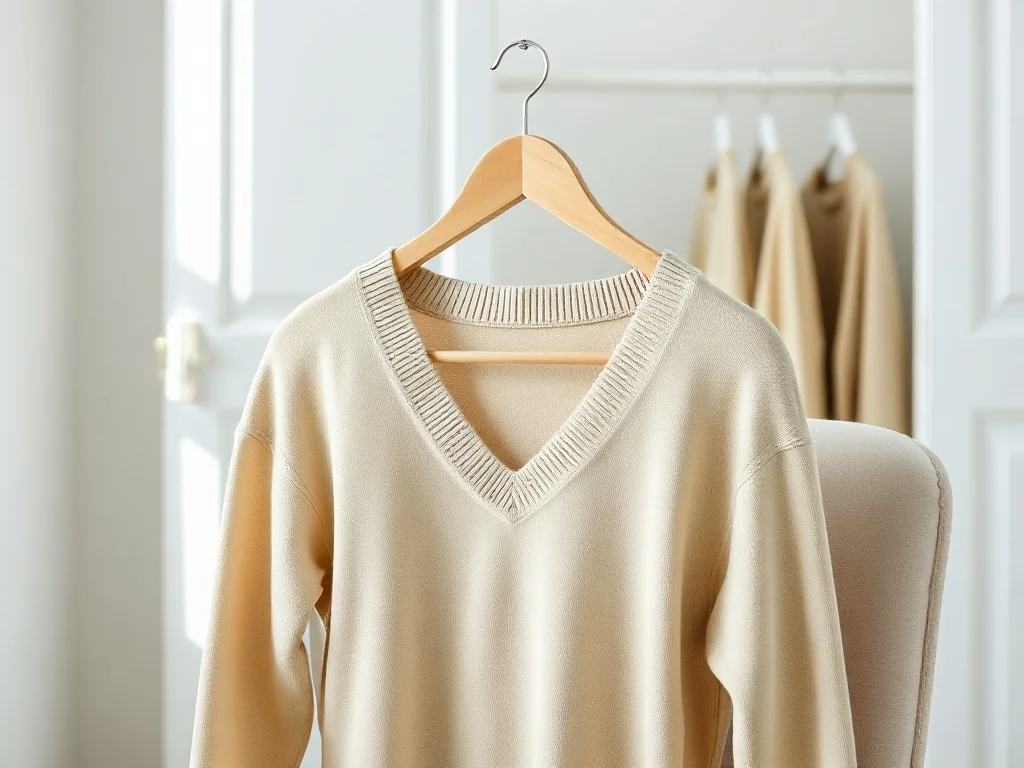 Sweter z dekoltem w serek na wieszaku z delikatnym naszyjnikiem, w jasnej, minimalistycznej sypialni z otwartą szafą w tle.