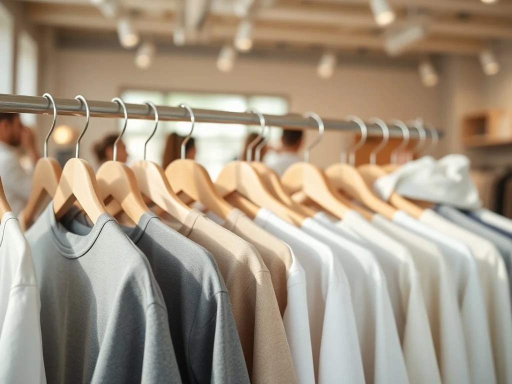 Minimalistyczne ubrania unisex na wieszaku w nowoczesnym sklepie, podkreślające neutralny, przyjazny wszystkim styl.