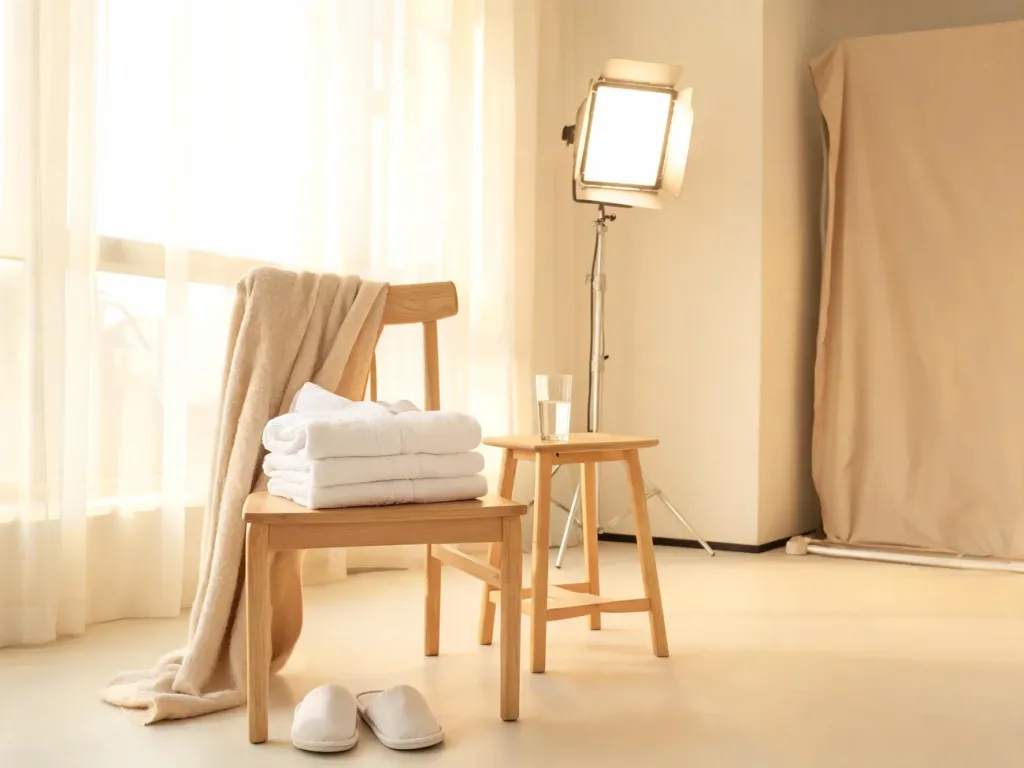 Przytulne studio fotograficzne z przygotowanym szlafrokiem, kapciami i wodą, podkreślające komfort nagiej sesji zdjęciowej.