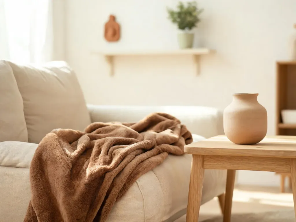 Beżowa sofa z kocem w kolorze fango, drewniany stolik i ceramiczna waza w ciepłych barwach, przytulne wnętrze w stylu skandynawskim