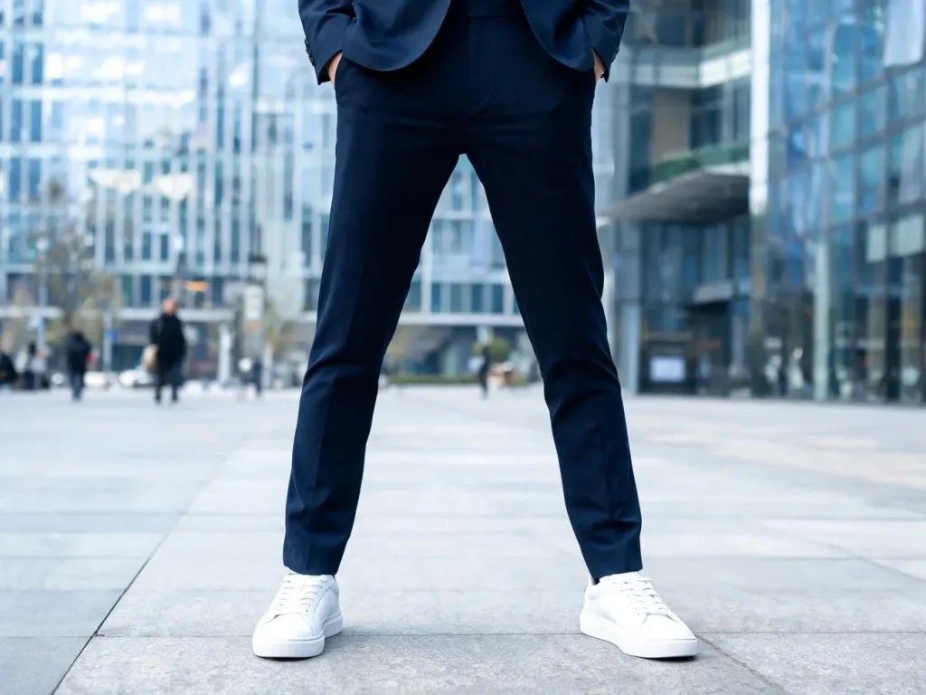 Elegancki granatowy garnitur zestawiony z białymi sneakersami, ukazany w miejskiej scenerii jako stylowy, nowoczesny look.