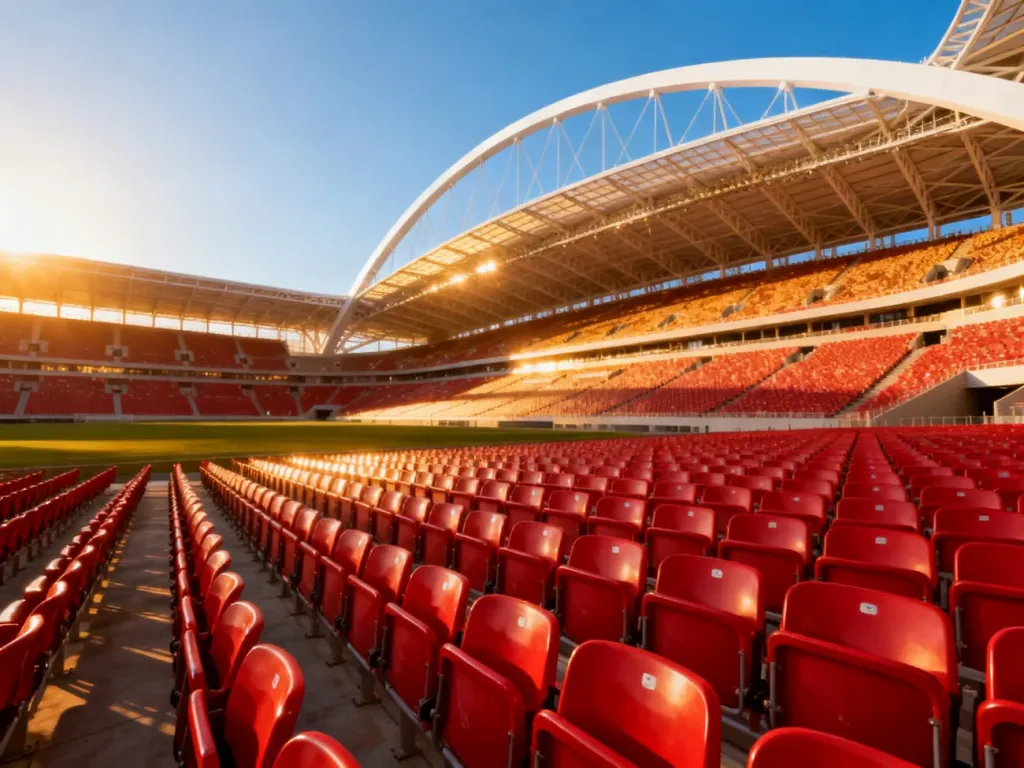 Puste trybuny Stadionu Narodowego z charakterystycznym białym dachem w świetle zachodzącego słońca.