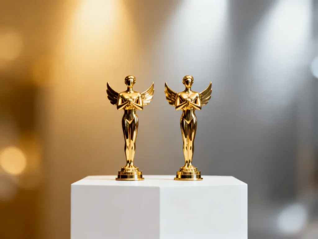 Dwa identyczne złote trofea stojące obok siebie na białym postumencie, symbolizujące równorzędne zwycięstwo.