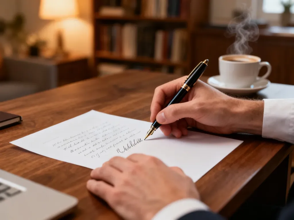 Dłoń trzymająca pióro wieczne podczas pisania na papierze w przytulnym domowym biurze.