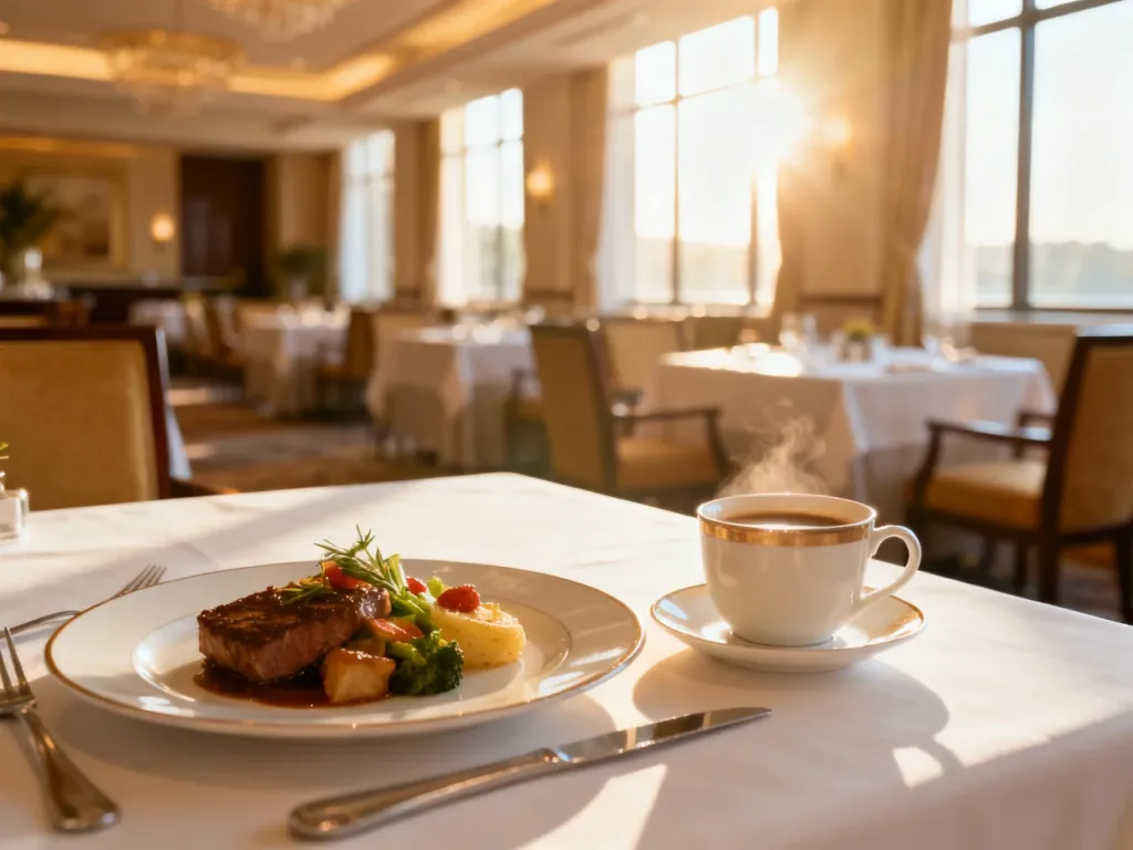 Elegancko nakryty stół w hotelowej restauracji z zestawem śniadaniowym i obiadowym, symbolizujący wyżywienie typu half board.