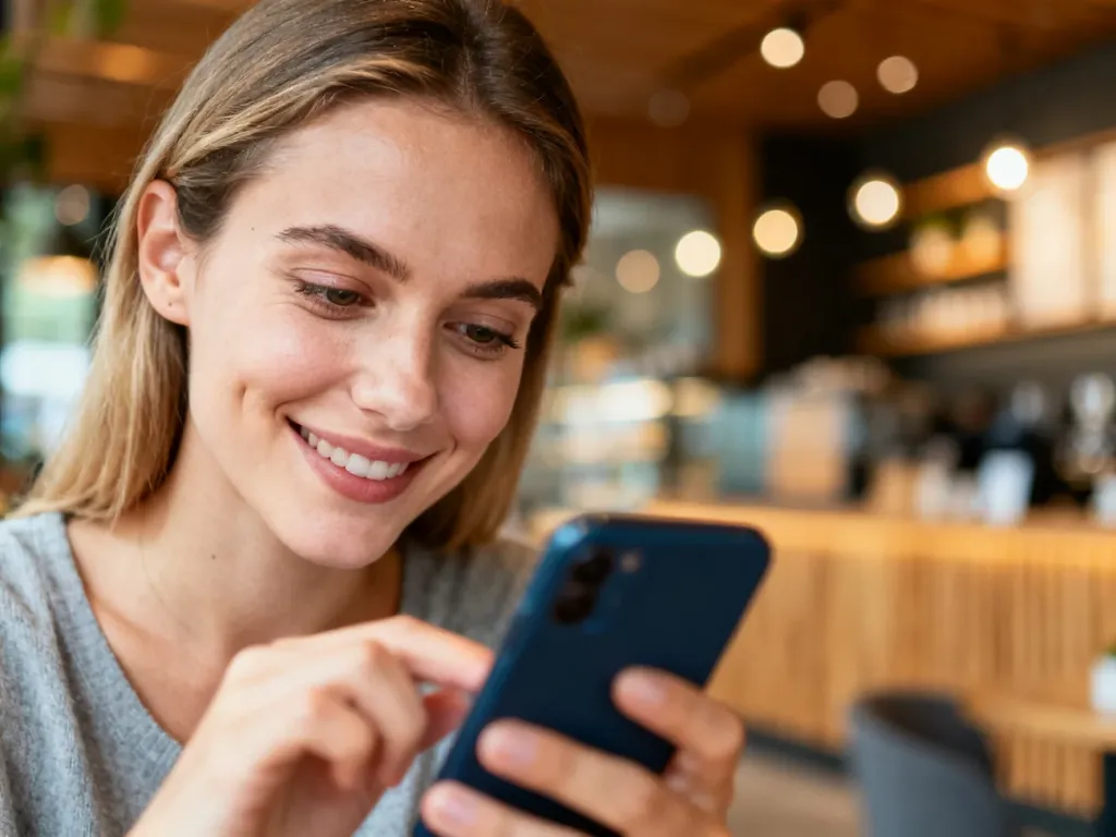 Kobieta z uśmiechem przeglądająca telefon w przytulnej kawiarni, co podkreśla swobodny charakter komunikacji w internecie.