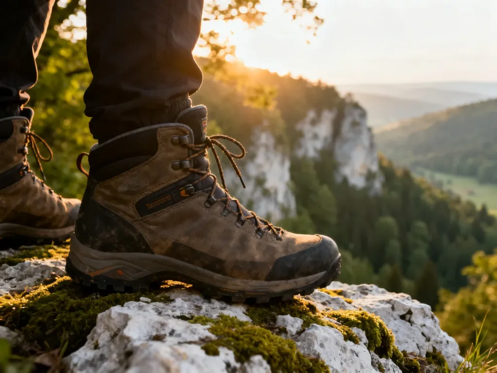 Wysokiej jakości buty trekkingowe na wapiennej skale w Ojcowskim Parku Narodowym, w tle malownicza Dolina Prądnika.