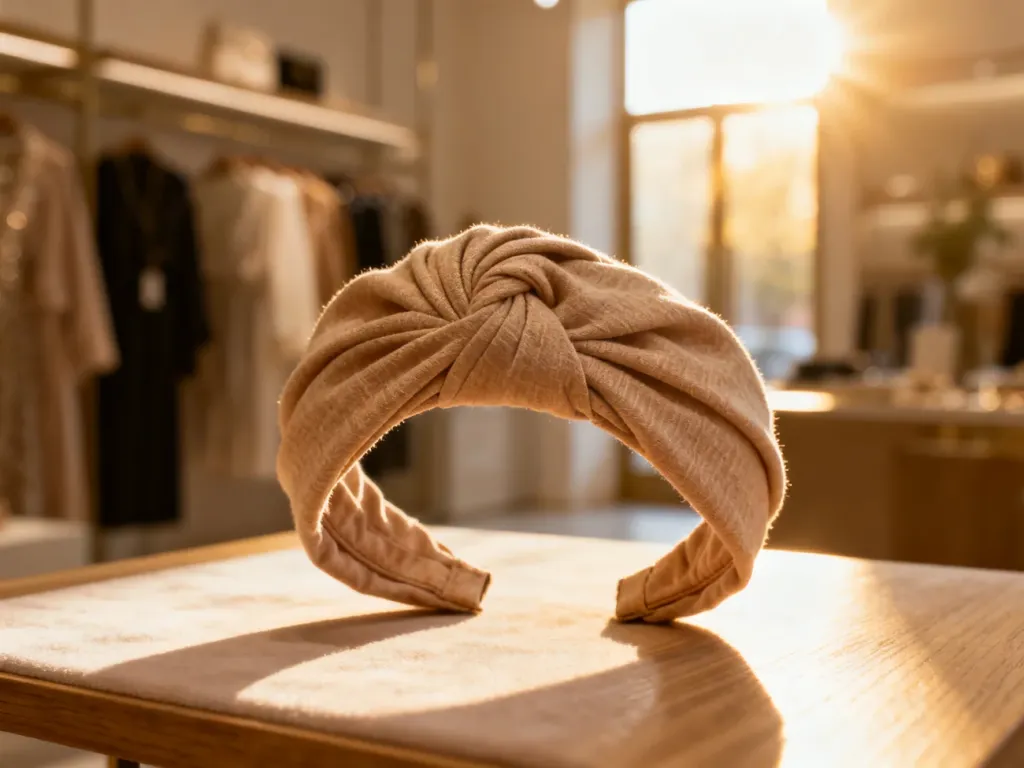 Beżowa opaska typu turban z teksturowanego materiału wyeksponowana na drewnianym stole w słonecznym butiku.