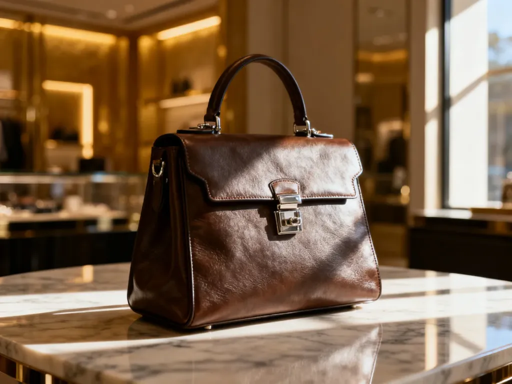 Elegancka skórzana torebka Fiorelli na marmurowym blacie w luksusowym wnętrzu butiku.
