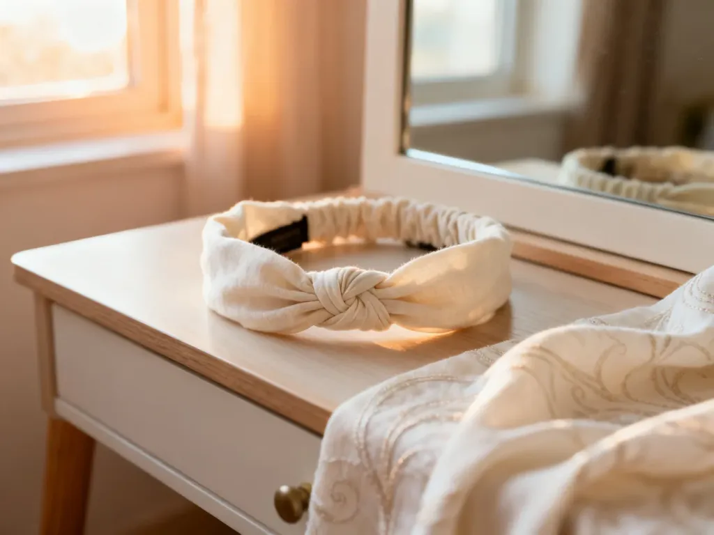 Stylowa opaska z węzłem w odcieniach beżu leżąca na drewnianej toaletce w słonecznym, przytulnym wnętrzu.